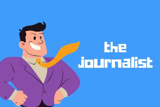 Cartoon of a smiling, arrogant-looking white man against a blue background. Text reads: the journalist