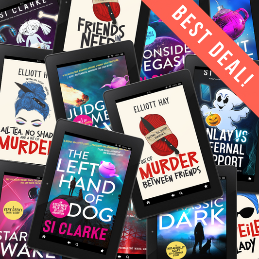 BEST DEAL: The Left Hand of Dog
Judgement Dave,
Consider Pegasus
Frozen Heck
A Bit of Murder Between Friends
All Tea, No Shade, and a Bit of Murder
The four novels of the Starship Teapot series by Si Clarke and the two novels of the Vigilauntie Justice series by Elliott Hay … plus all the shorts