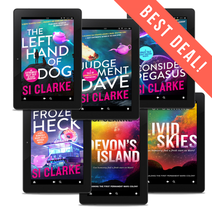 BEST DEAL: The Left Hand of Dog, Judgement Dave, Consider Pegasus, and Frozen Heck
Devon's Island and Livid Skies
The four novels of the Starship Teapot series and the two novels of the Devon Island Mars Colony series by Si Clarke