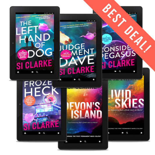 BEST DEAL: The Left Hand of Dog, Judgement Dave, Consider Pegasus, and Frozen Heck
Devon's Island and Livid Skies
The four novels of the Starship Teapot series and the two novels of the Devon Island Mars Colony series by Si Clarke