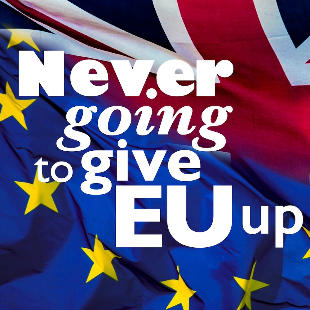 Background shows the EU and UK flags together. Text reads: Never going to give EU up.