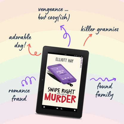 Swipe Right for a Bit of Murder (Vigilauntie Justice #3) by Elliott Hay. Adorable dog. Vengeance … but cosy(ish). Killer grannies. Found family. Romance fraud.