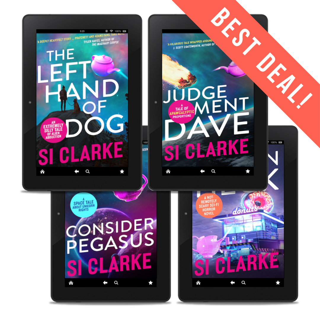 BEST DEAL: The Left Hand of Dog, Judgement Dave, Consider Pegasus, and Frozen Heck
The four novels of the Starship Teapot series by Si Clarke