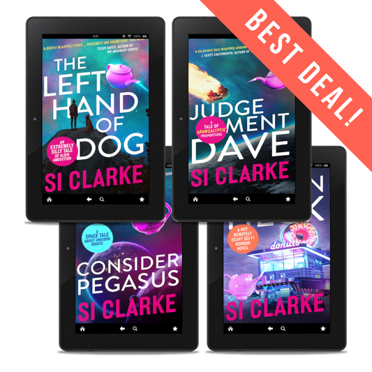 BEST DEAL: The Left Hand of Dog, Judgement Dave, Consider Pegasus, and Frozen Heck
The four novels of the Starship Teapot series by Si Clarke