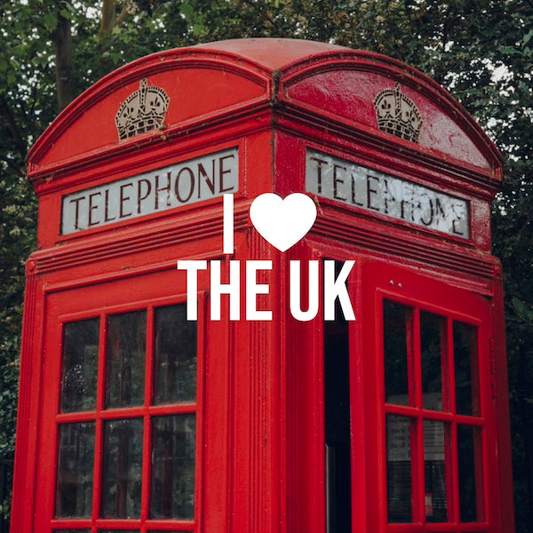 Image of a red UK phone box. Text reads: I heart the UK