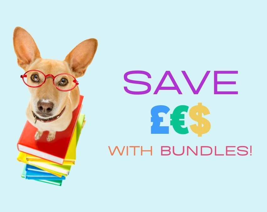 A dog wearing glasses sits atop a stack of books. Text reads 'Save £€$ with bundles'