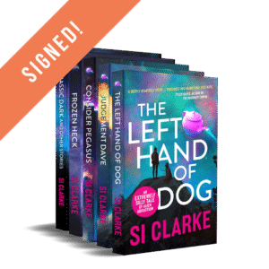 SIGNED: The Left Hand of Dog, Judgement Dave, Consider Pegasus, and Frozen Heck The four novels of the Starship Teapot series plus Jurassic Dark and Other Stories (shorts) by Si Clarke