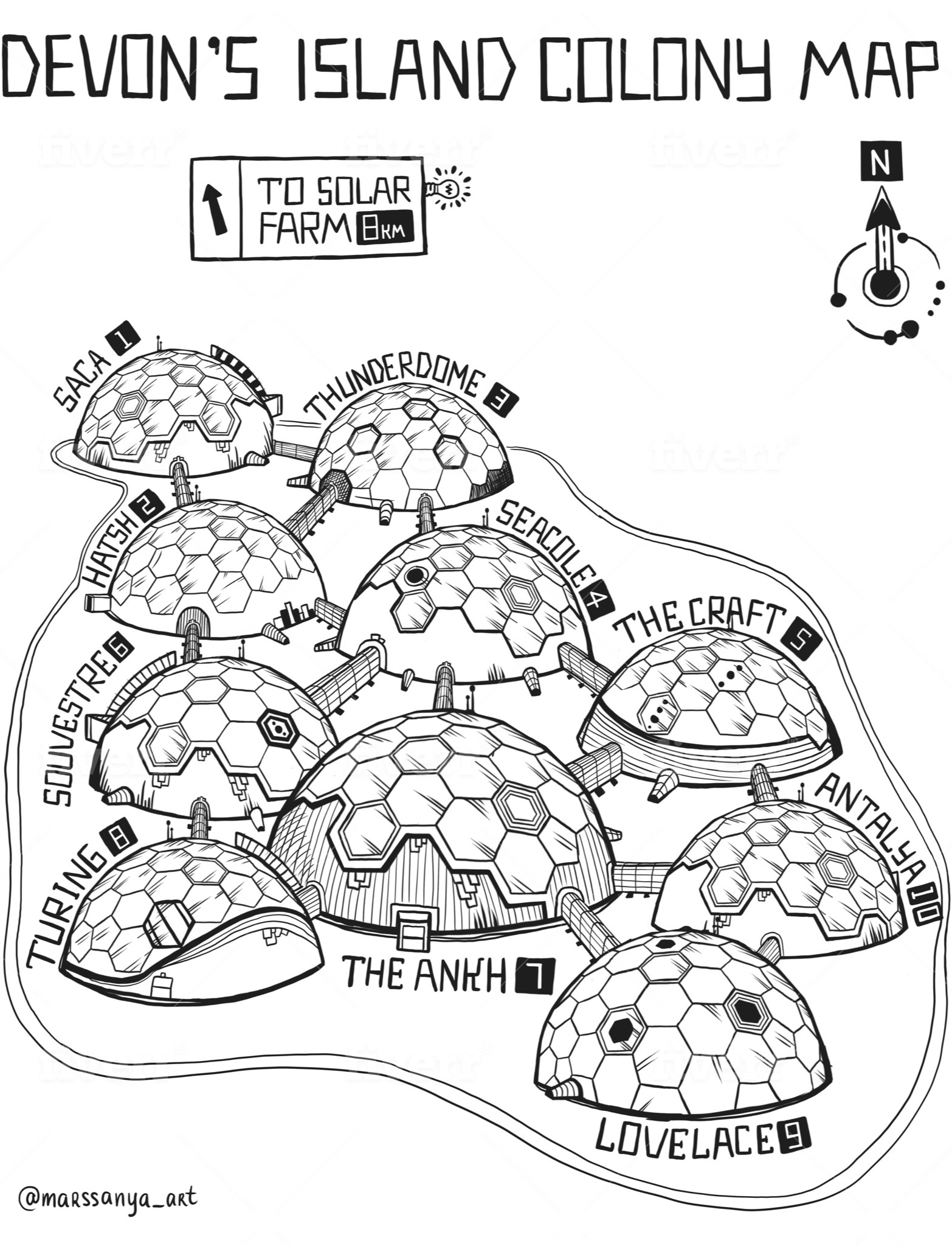 Map of the Devon Island Mars Colony showing positioning of 10 domes: Saca, Hatsh, Thunderdome, Seacole, The Craft, Souvestre, The Ankh, Turing, Lovelace, and Antalya